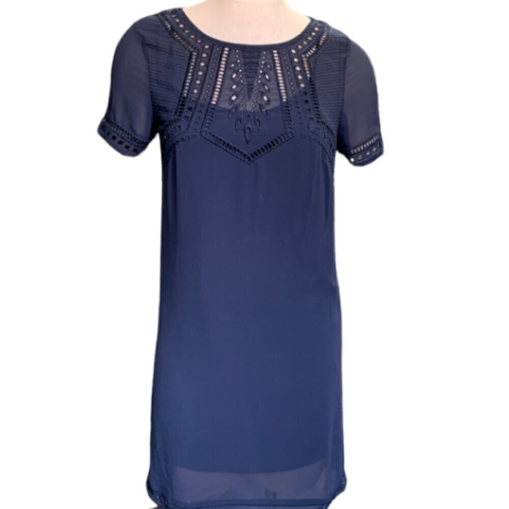 H&M Navy Blue Chiffon Short Sleeve Shift Dress w/ Slip Sz 4 #361D